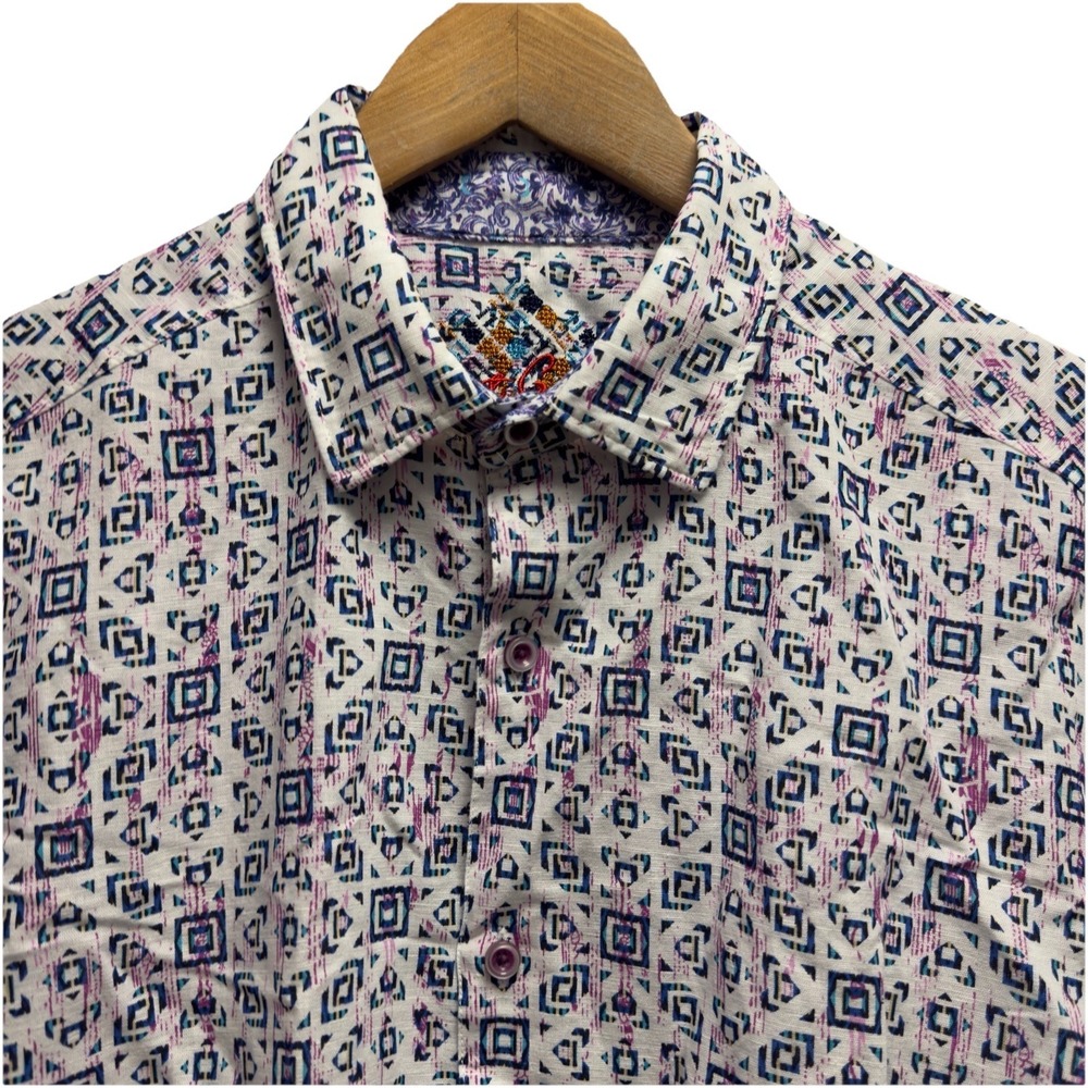 Robert Graham Mens Sz Large Classic Fit Multicolor Geometric Linen S/S Shirt euc